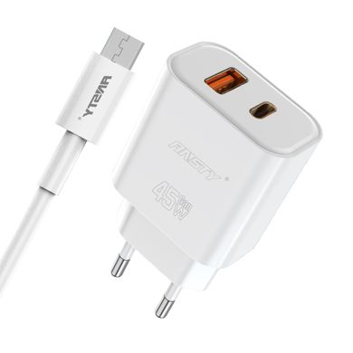 Мережевий зарядний пристрій ANSTY Q-040-A with Micro USB cable 45W (1USB 20W + Type-C 25W) Білий