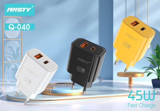 Мережевий зарядний пристрій ANSTY Q-040-A with Micro USB cable 45W (1USB 20W + Type-C 25W) Білий