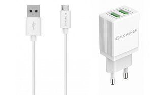 Сетевое зарядное устройство СЗУ Florence 2USB 2A + microUSB cable white (FL-1021-WM)