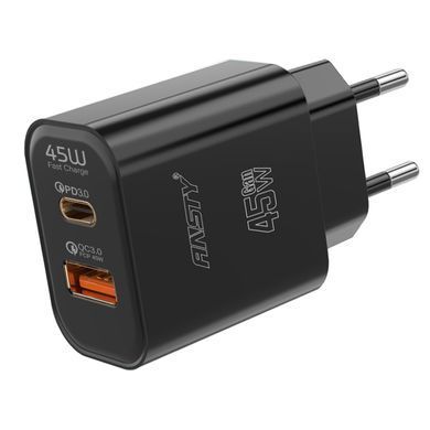 Сетевое зарядное устройство ANSTY Q-040-I with Lightning cable 45W (1USB 20W + Type-C 25W) Черный