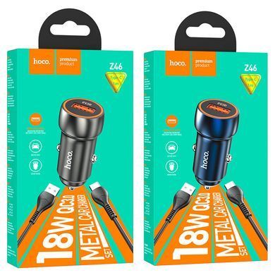Автомобільний зарядний пристрій Hoco Z46 Blue Whale USB-A 18W QC3 з кабелем USB to Type-C Metal Grey
