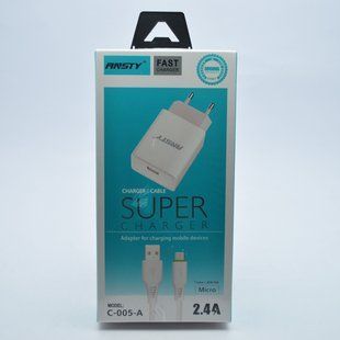Мережевий зарядний пристрій ANSTY C-005-A з Micro USB кабелем 1USB 2.4A White