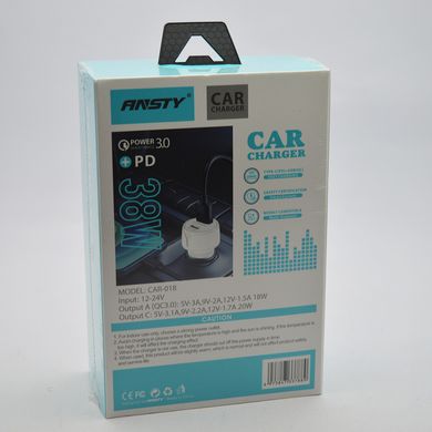 Автомобильная зарядка ANSTY CAR-018 (1 USB 18W / 1 Type-C 20W PD) Black