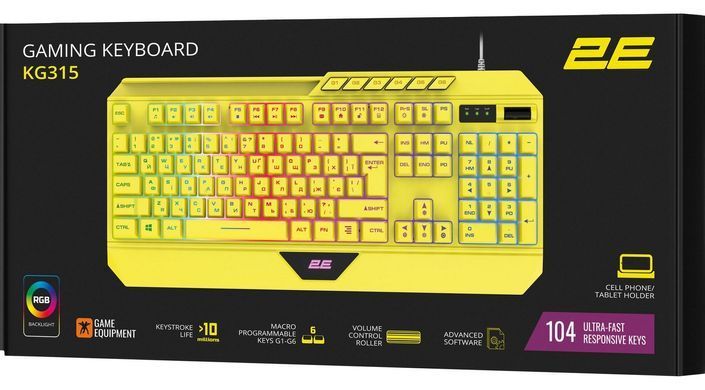 Дротова ігрова клавіатура 2E Gaming KG315 з підсвіткою RGB (Жовтий)