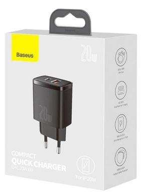 Мережевий зарядний пристрій Baseus Compact Quick Charger 1xUSB/1Type-C 20W Black CCXJ-B01