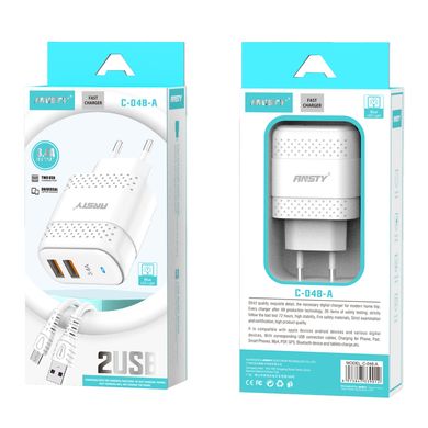 Мережевий зарядний пристрій ANSTY C-048-A with Micro USB cable 2USB 3.4A Білий