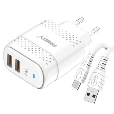 Мережевий зарядний пристрій ANSTY C-048-A with Micro USB cable 2USB 3.4A Білий