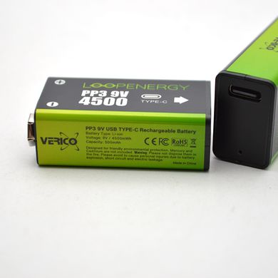 Аккумуляторные батарейки Verico Loop Energy 9V Крона 500 mAh Type-C (2шт)