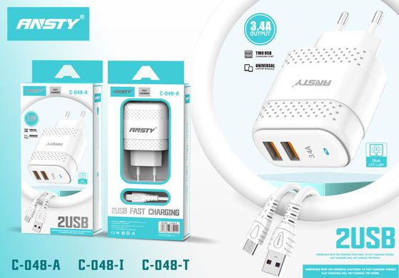 Мережевий зарядний пристрій ANSTY C-048-A with Micro USB cable 2USB 3.4A Білий