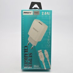 Мережевий зарядний пристрій ANSTY C-011-A з Micro USB кабелем 1USB 2.4A White
