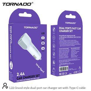 АЗУ Tornado L22 with Type-c cable 2USB 2.4A White, Белый